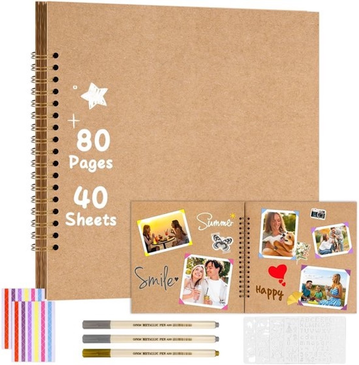 Dailygoods - Fotoalbum voor scrapbooking - 20 x 20 cm, 80 pagina's, handgemaakt, spiraalbinding, bruin, harde kaft van kraftpapier - Voor familie, verjaardag