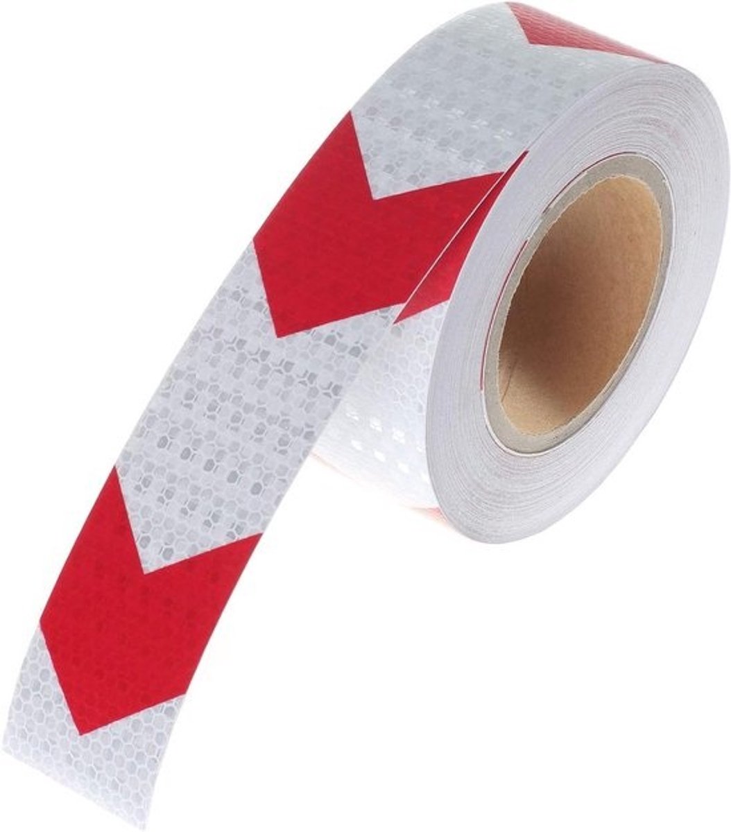 Reflecterende waarschuwingstape 25 m x 5 cm - Veiligheidstape voor pijlen, hoge zichtbaarheid, rood-wit design, voor waarschuwingssignalen