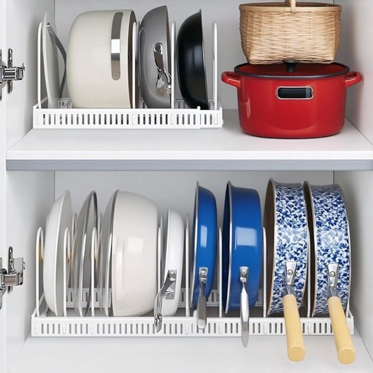 Uitbreidbare dekselhouder - 10 verstelbare verdelers - Anti-kras organizer - Wit - 31 tot 57 cm