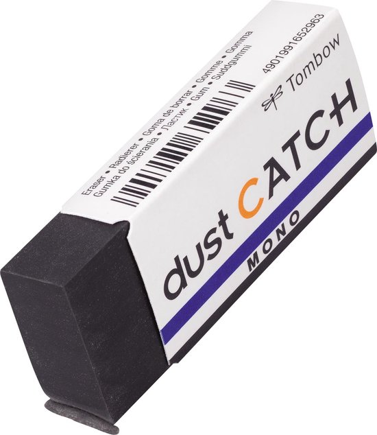 Zwarte gum met wit etui met "dust CATCH MONO" tekst en blauwe streep.