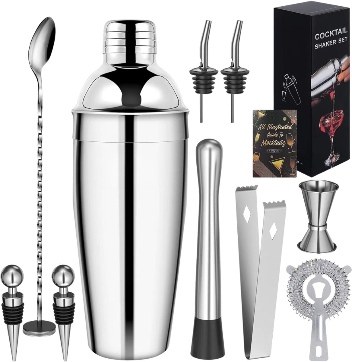 Verte - Cocktail Shaker Set - 10-Delige Roestvrijstalen Cocktailset Met Accessoires En Receptenkaarten - 750 Ml Bartenderset Voor Beginners En Professionals - Cadeau Voor Mannen