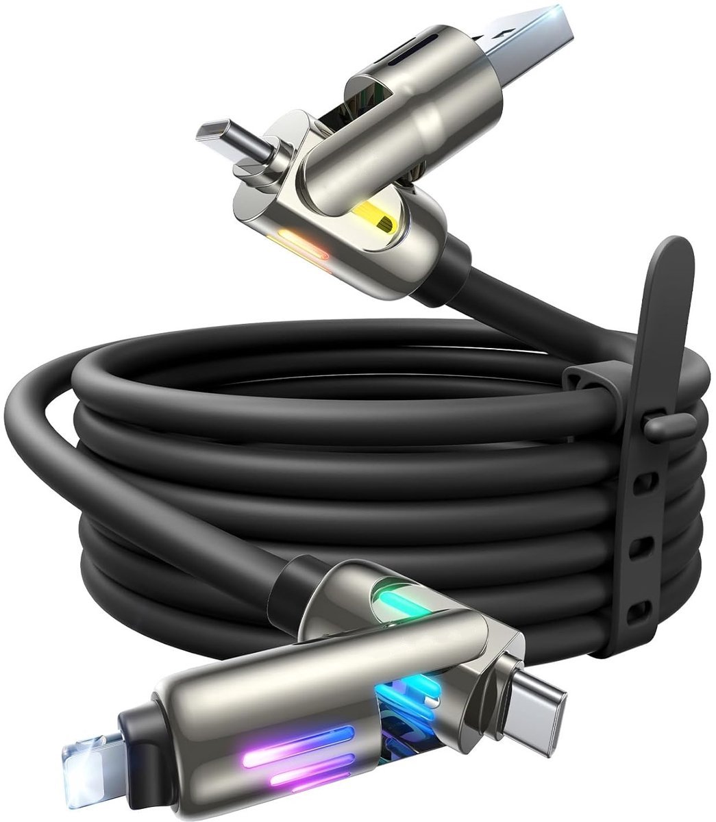 Casalora 240W 4-in-1 Oplaadkabel – 2 m Zwart – USB-A & USB-C naar USB-C / Lightning – Multifunctionele Snellaadkabel met Indicatorlampje – Geschikt voor iPhone,Samsung