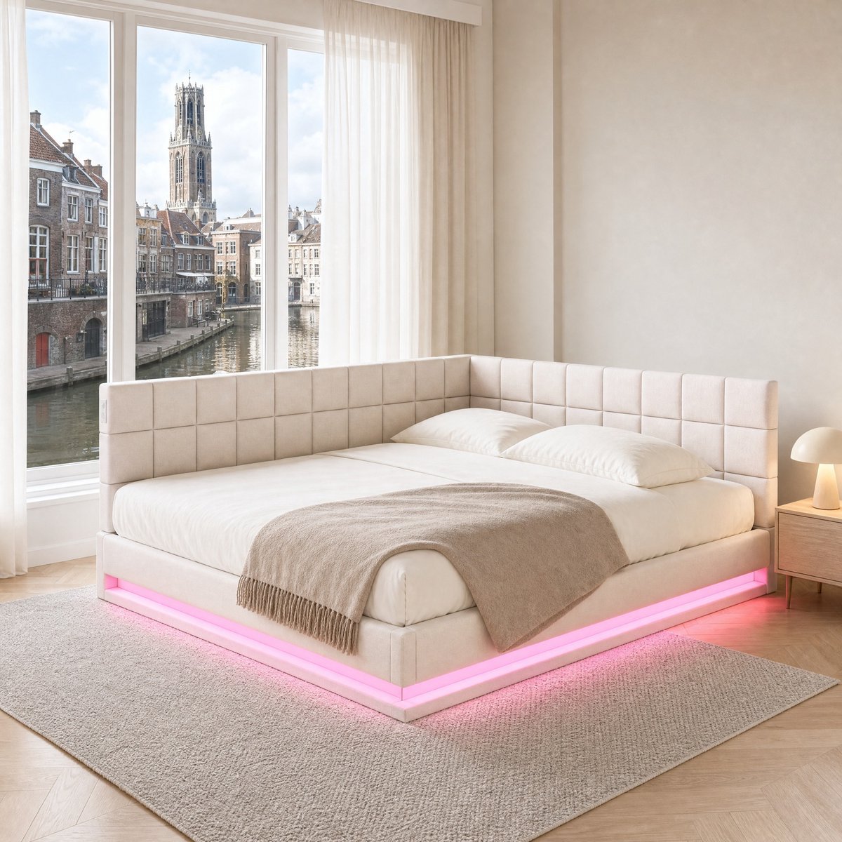 WUVRIE Slaapbank 140x200 cm met LED-verlichting, USB-aansluiting en lattenbodem, beige
