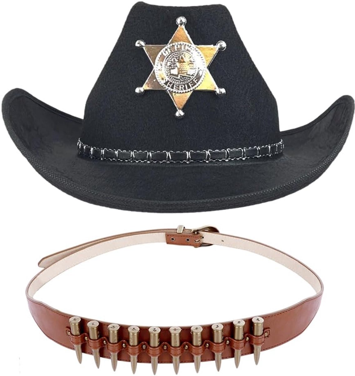 Cowboyhoed, dames lederlook hoed, westernhoed, carnavalshoed, brede rand met leren band, cowboyhalster en riem, hoofddeksel voor western party, cosplay, themafeest, carnaval