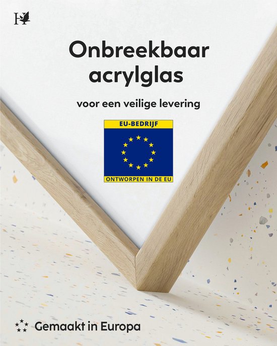 Close-up van de hoek van een eikenhouten fotolijst met onbreekbaar acrylglas. Tekst 'Onbreekbaar acrylglas voor een veilige levering'.
