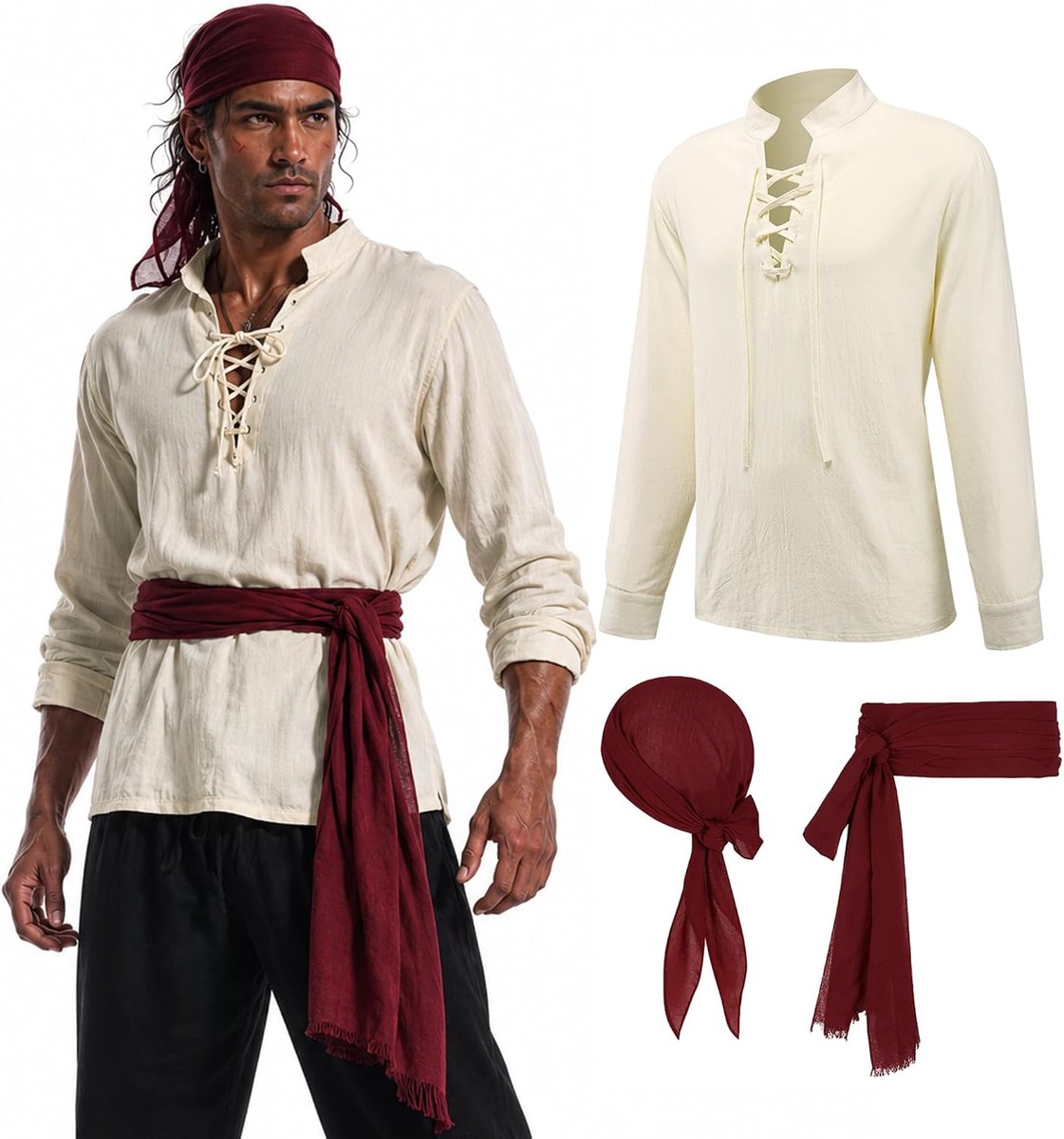 Kleding voor heren, middeleeuws piratenhemd met accessoires, renaissance-kostuum voor Halloween, cosplay party