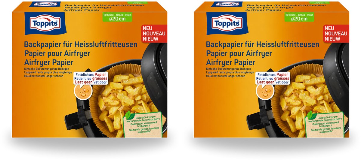 2 x Toppits – Airfryer Papier – 20 cm – 20 Zakjes - Voordeelverpakking - 2 stuks