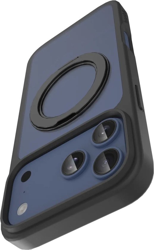 Blauwe telefoonhoes met magnetische ringstandaard, zicht op de camera's.