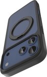 Blauwe telefoonhoes met magnetische ringstandaard, zicht op de camera's.