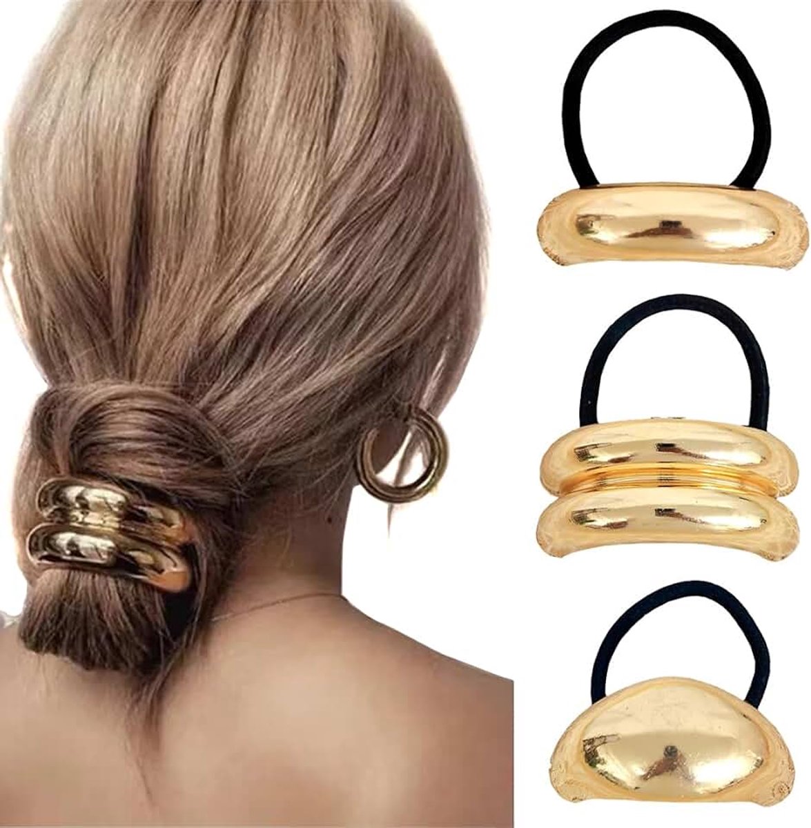3 STKS Punk Goud Metalen Haar Manchet Paardenstaart Houder Elastische Haarbanden Touw Haarband Manchetten Wrap Hoge Paardenstaart Houder Haar Ringen Set Haaraccessoires voor Vrouwen
