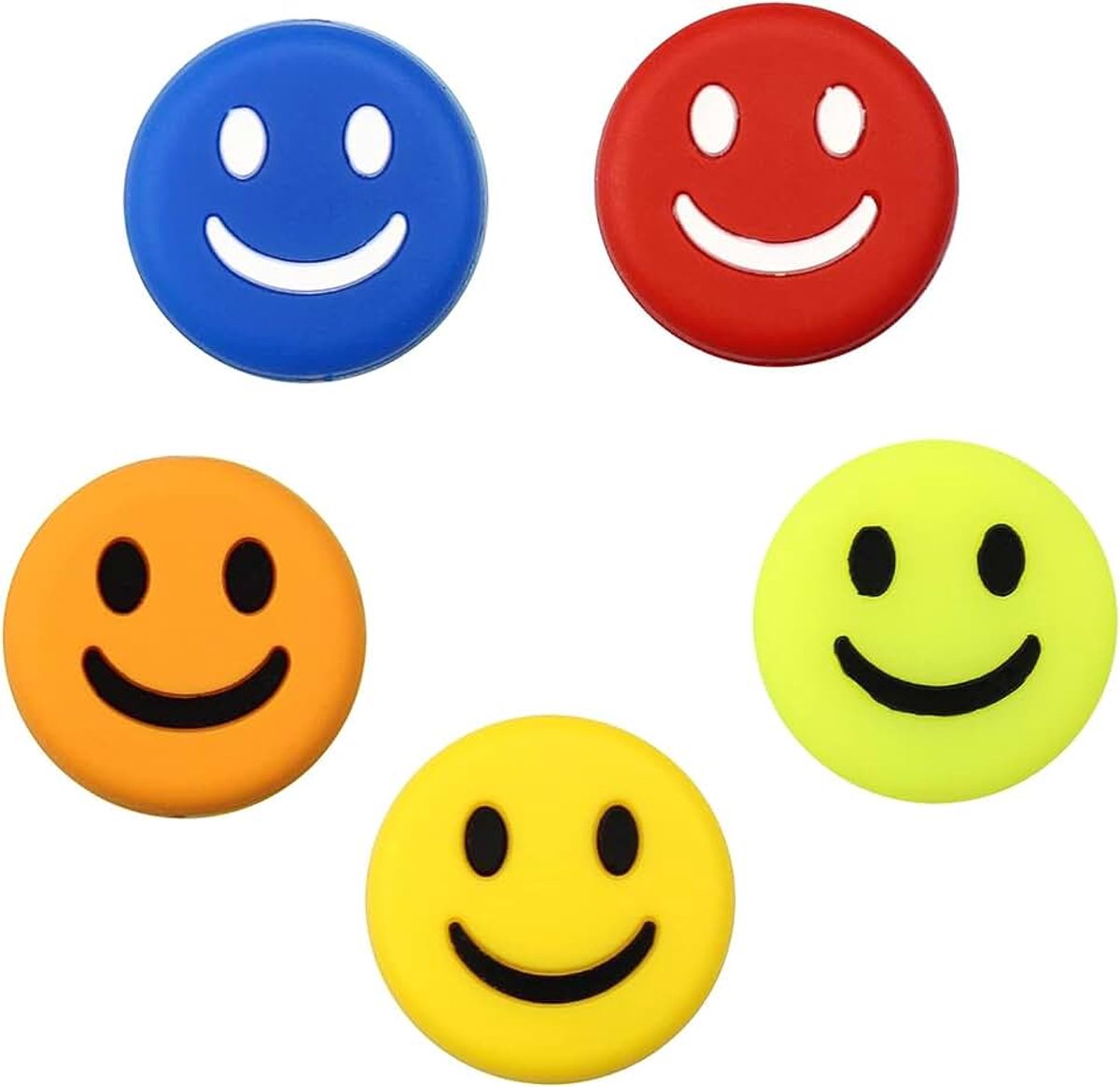 Set van 5 siliconen schokdempers voor tennisrackets, grappige smiley-racketschokdempers, schattige tennisbal-schokdempers, geschikt voor alle racketliefhebbers en spelers, 5 kleuren