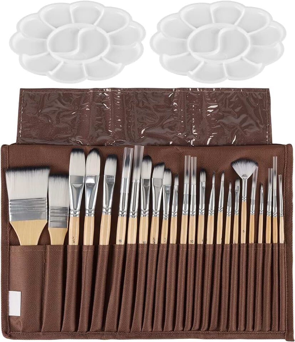 27-delige penseelset, acrylverf, schilderpenseelset, acrylverfpenselen met 2 mengpaletten en opbergtas, kunstenaarskwastenset voor acryl, aquarel, olieverf