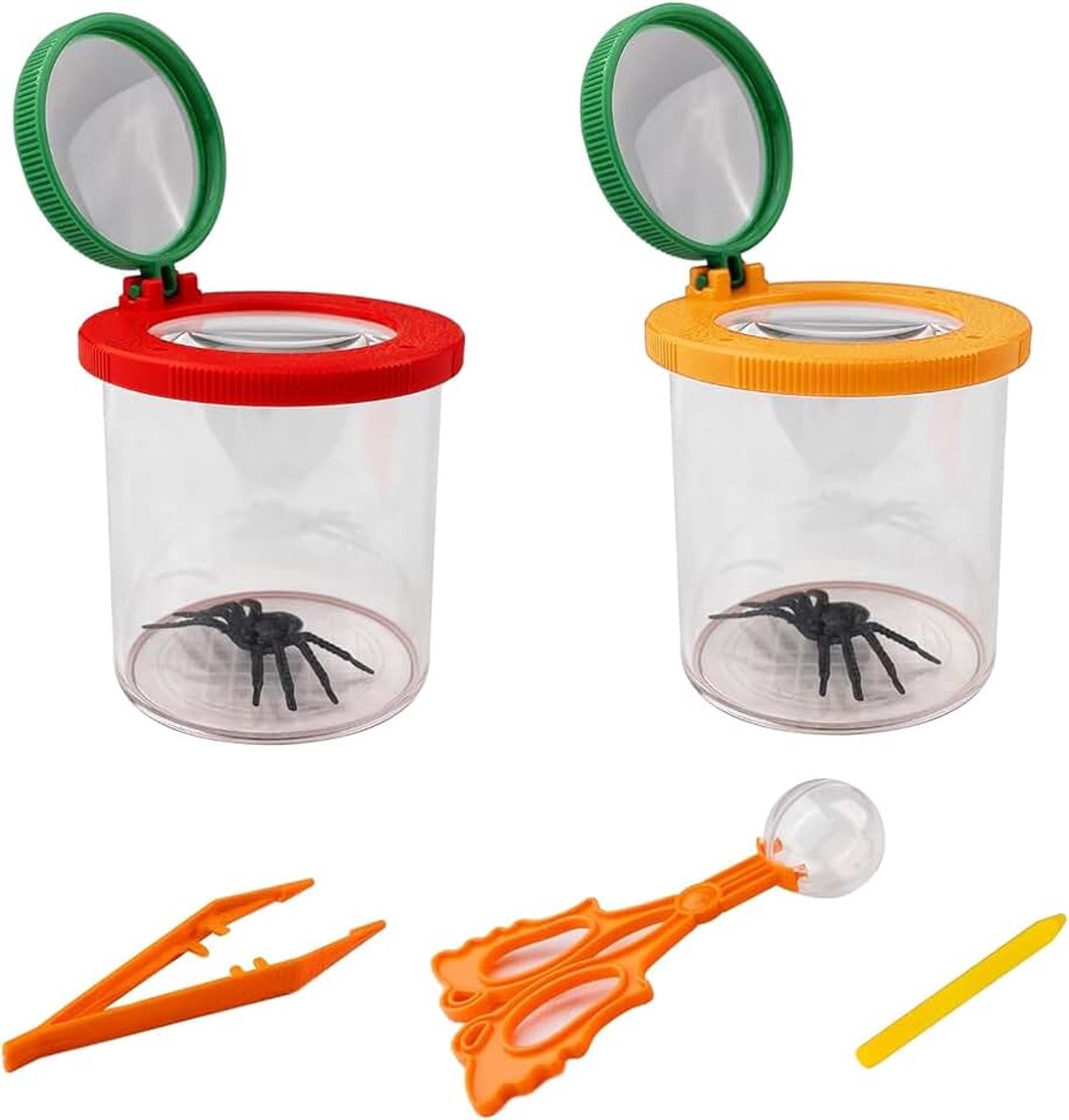 Loep voor kinderen, 2 stuks vergrotingsglas voor kinderen, 3-voudig en 6-voudig, beker met loep met 5 insectenvangers, vergrootglas voor insecten