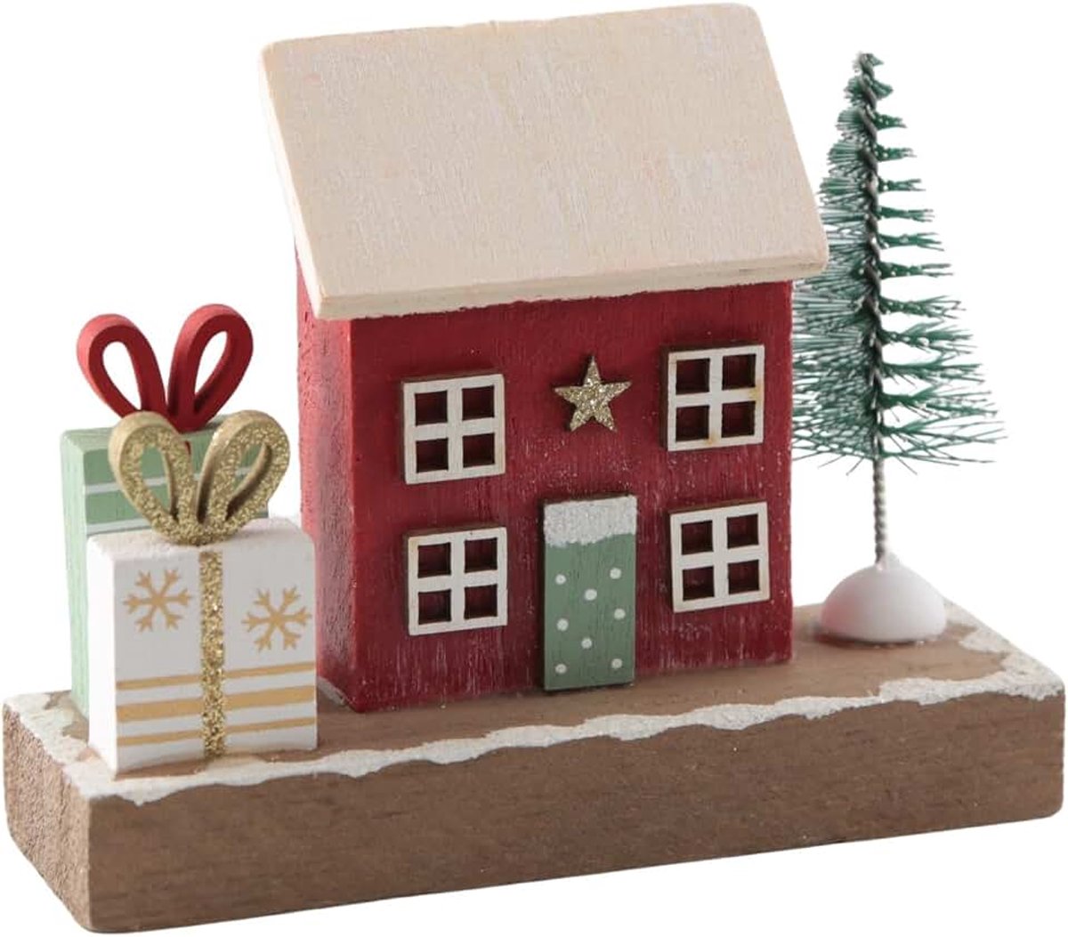 Logbuch-Verlag Decoratieve staander huis Kerstmis – klein houten huis met boom & geschenken – kerstdecoratie om neer te zetten, landelijke stijl, 11 x 9 cm