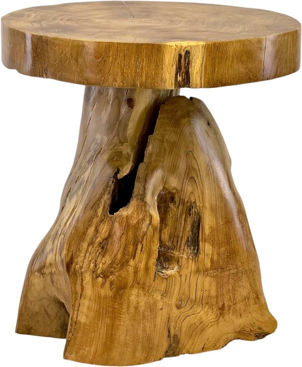 Houten kruk, bijzettafel, bloemenkruk, opbergtafel, handgemaakt, natuurlijke vorm van massief teakhout, 45 x 40 x 40 cm