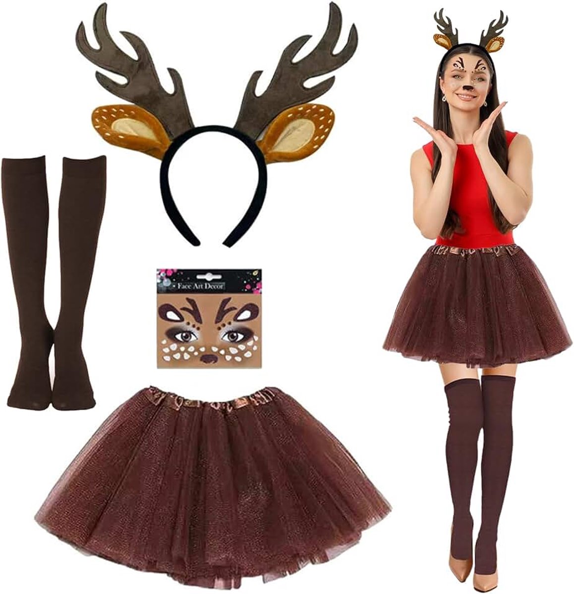 5 stuks Cosplay Rendierkostuum Hertenkostuum Dames met Gezichtstatoeage Gewei Haarband Tule Rok Bruine Sokken voor Carnavalskostuum Volwassenen Carnaval Kerstfeest