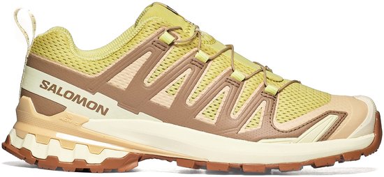 Gele Salomon XA PRO 3D V9 dames trekkingschoen met bruine en crèmekleurige overlays.