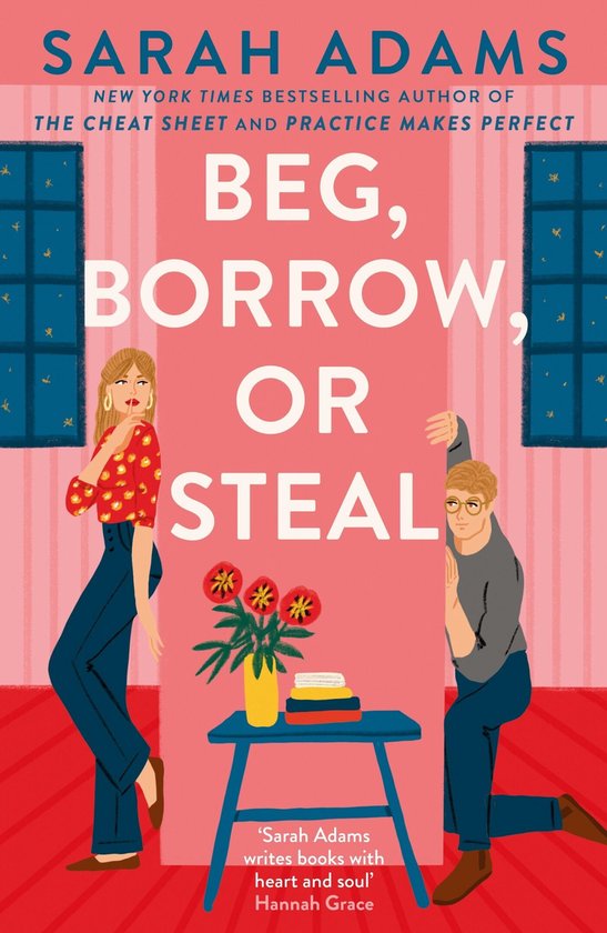 Boekomslag van 'Beg, Borrow, or Steal' door Sarah Adams. Een vrouw in rode blouse met stippen en een man in grijze trui.