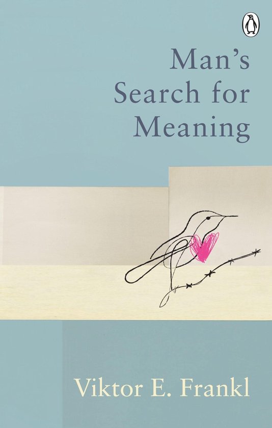 Boek met de titel 'Man's Search for Meaning' door Viktor E. Frankl, met een illustratie van een vogel met een roze hartje.