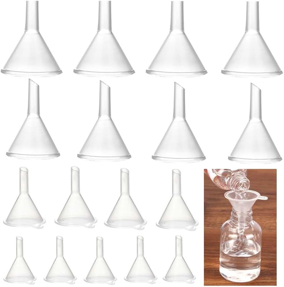 Mini-trechter, 40 kleine trechters van transparant kunststof, mini-trechter voor reizen van kunststof voor het gieten van kleine parfums, kampioenen, emulsie, specerijen, 4 maten