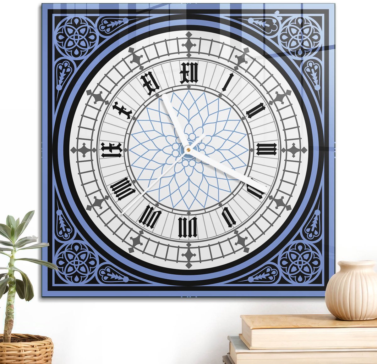 ArtPrintCave Blauw Glazen Klok - 30x30 cm - Wandklok Vierkant - Geometrische Klok Wandklok Keuken - Architectuur Unieke Klok - Witte Klokwijzers