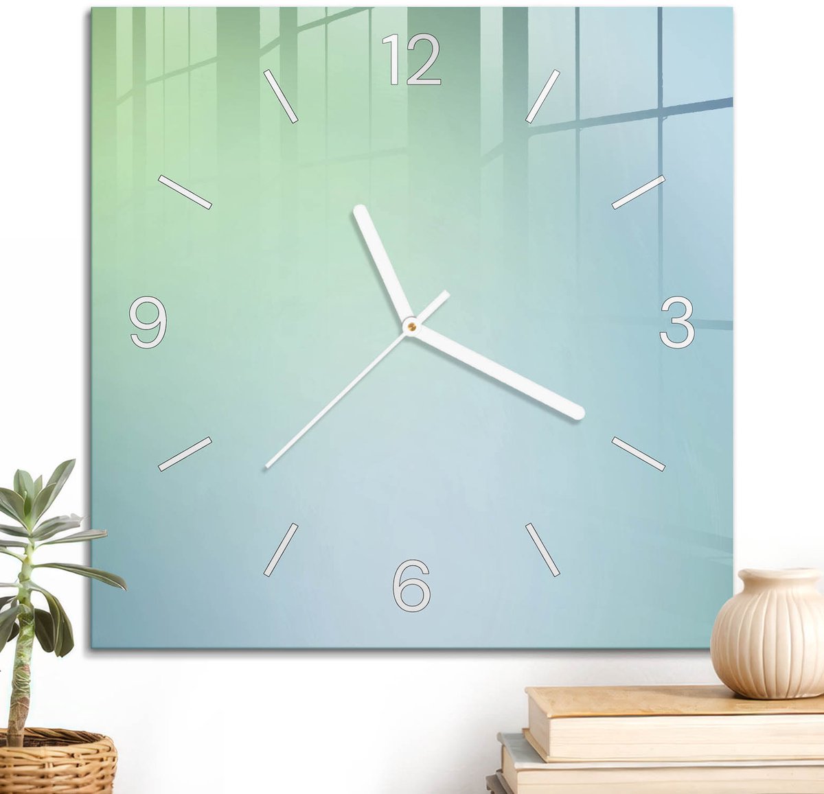 ArtPrintCave Groene Glazen Klok - 30x30 cm - Wandklok Vierkant - De Vrede Van Kleuren Stille Wandklok - Abstractie Wandklok Keuken - Witte Klokwijzers