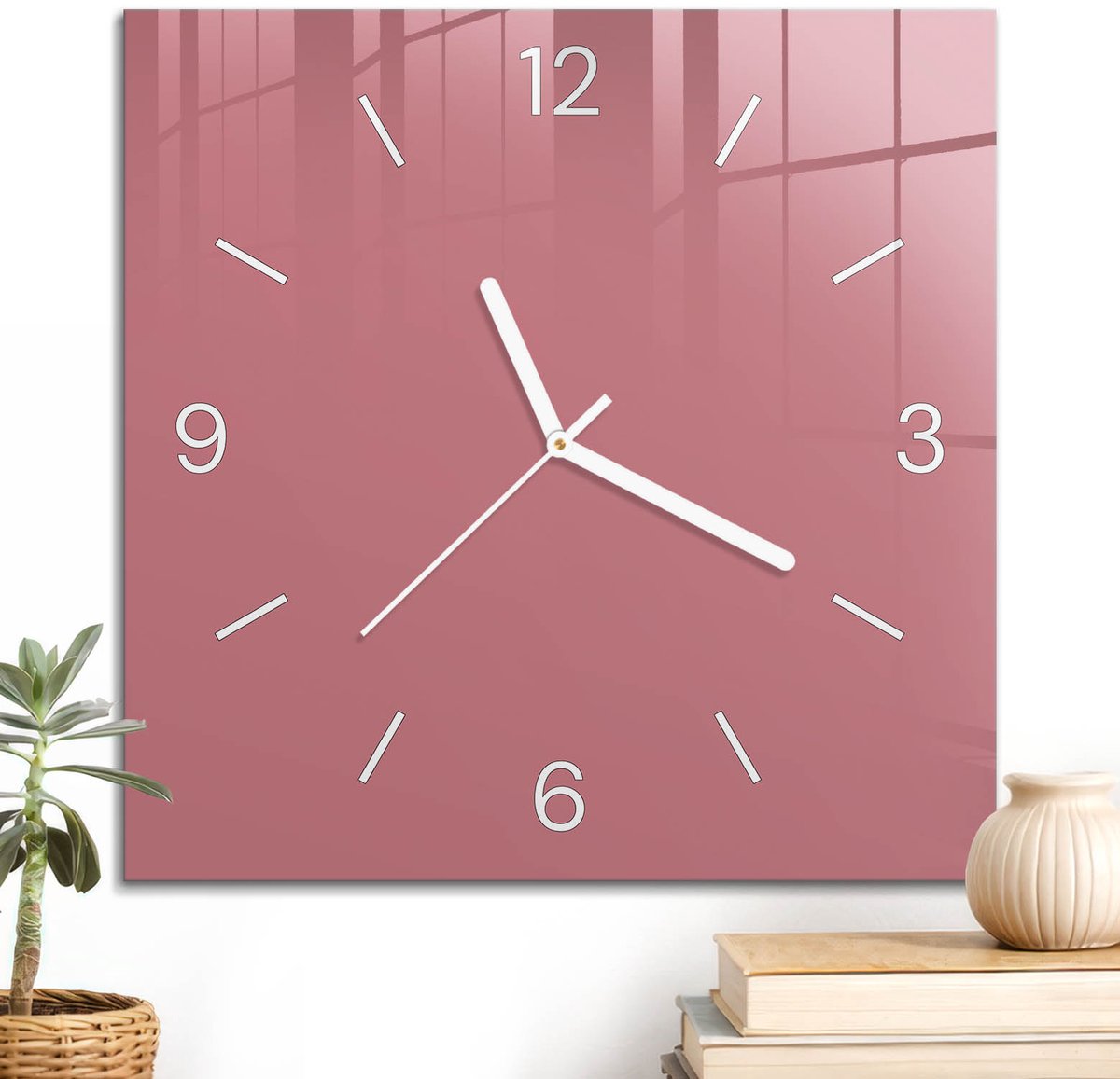 ArtPrintCave Roze Glazen Klok - 30x30 cm - Wandklok Vierkant - Zalmkleur Stille Wandklok - Abstractie Wandklok Keuken - Witte Klokwijzers