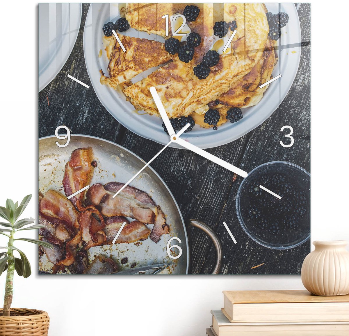 ArtPrintCave Bruin Glazen Klok - 30x30 cm - Wandklok Vierkant - Lekker Ontbijt Stille Wandklok - Natuur Wandklok Keuken - Witte Klokwijzers
