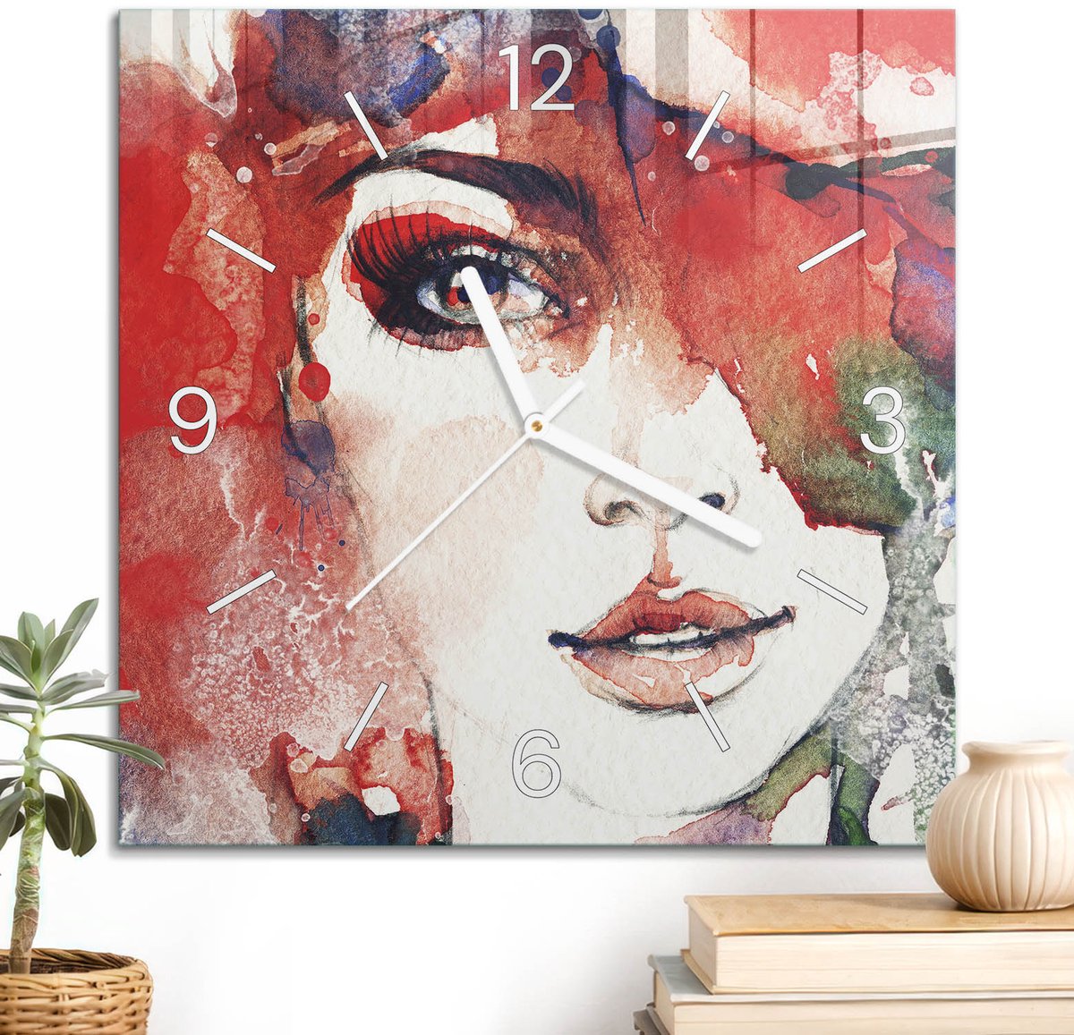 ArtPrintCave Rood Glazen Klok - 30x30 cm - Wandklok Vierkant - Kleurrijk Portret Stille Wandklok - Abstractie Wandklok Keuken - Witte Klokwijzers