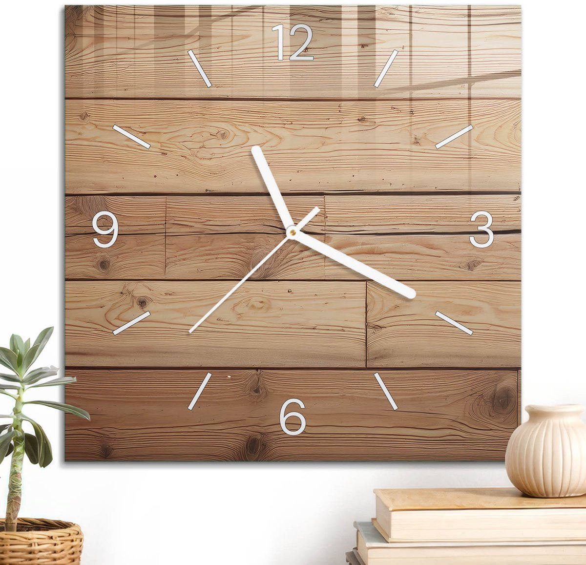 ArtPrintCave Bruin Glazen Klok - 30x30 cm - Wandklok Vierkant - Houten Planken Wandklok Keuken - Achtergronden En Patronen Unieke Klok - Witte Klokwijzers