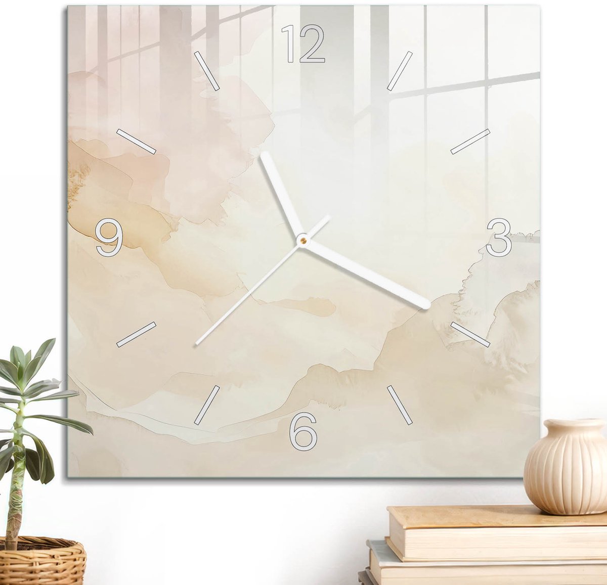ArtPrintCave Beige Glazen Klok - 30x30 cm - Wandklok Vierkant - Pastelkleurige Aquarelverf Stille Wandklok - Achtergronden En Patronen Wandklok Keuken - Witte Klokwijzers