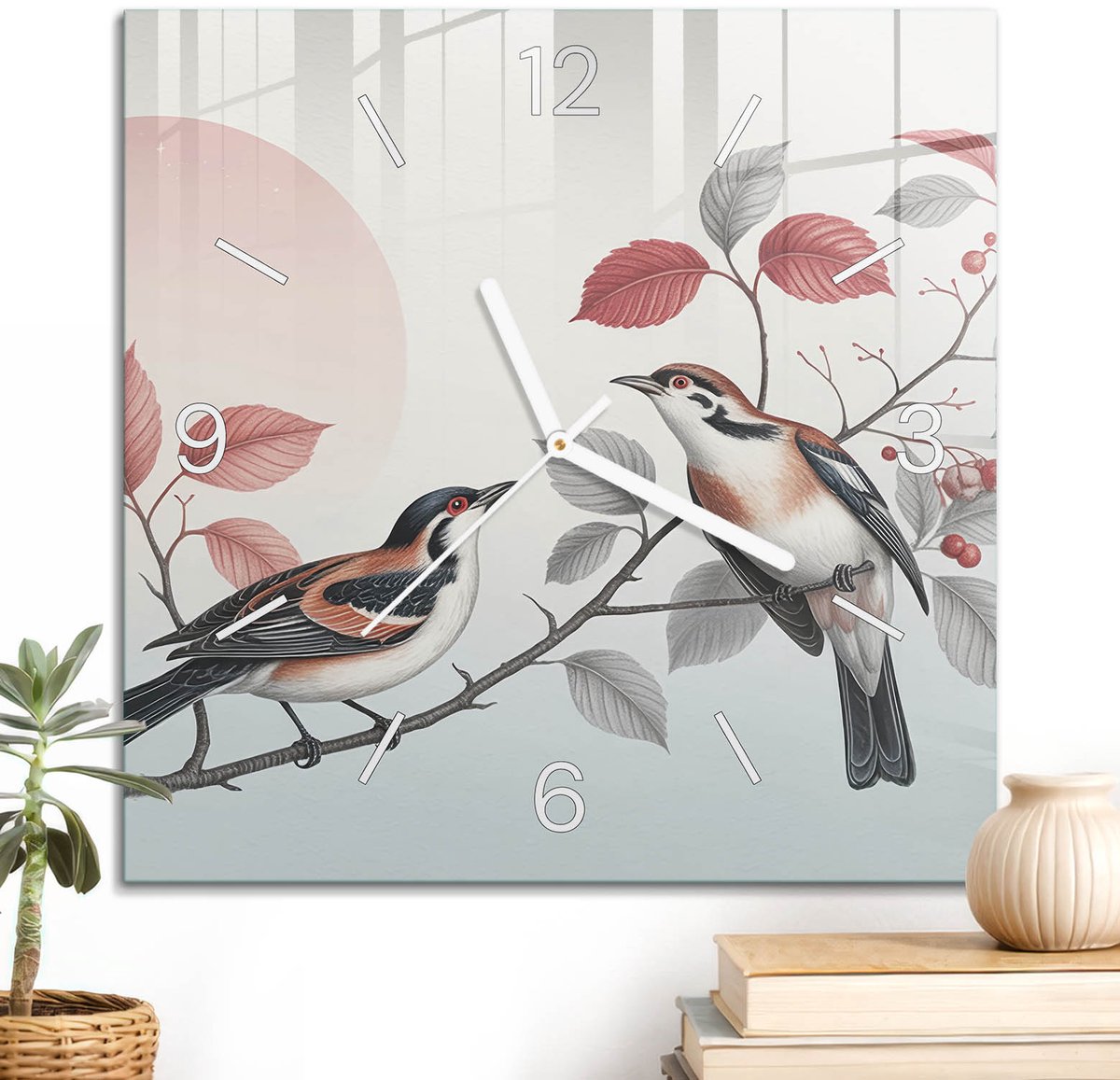 ArtPrintCave Grijs Glazen Klok - 30x30 cm - Wandklok Vierkant - Vogels Natuur Wandklok Keuken - Bloemen En Planten Unieke Klok - Witte Klokwijzers