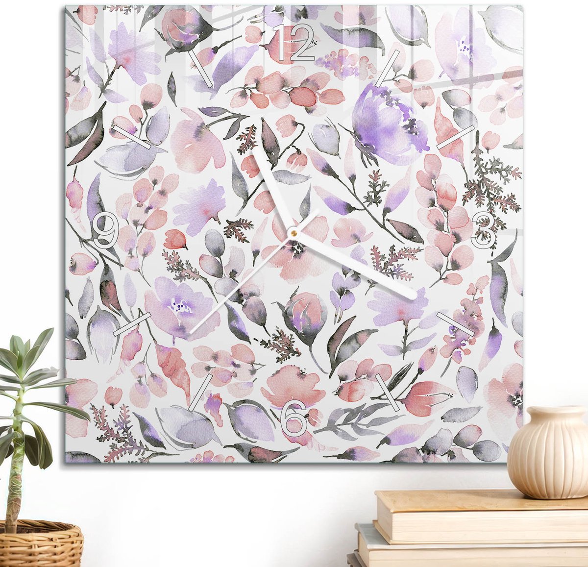 ArtPrintCave Paars Glazen Klok - 30x30 cm - Wandklok Vierkant - Bloemenpatroon Unieke Klok - Achtergronden En Patronen Stille Wandklok - Witte Klokwijzers
