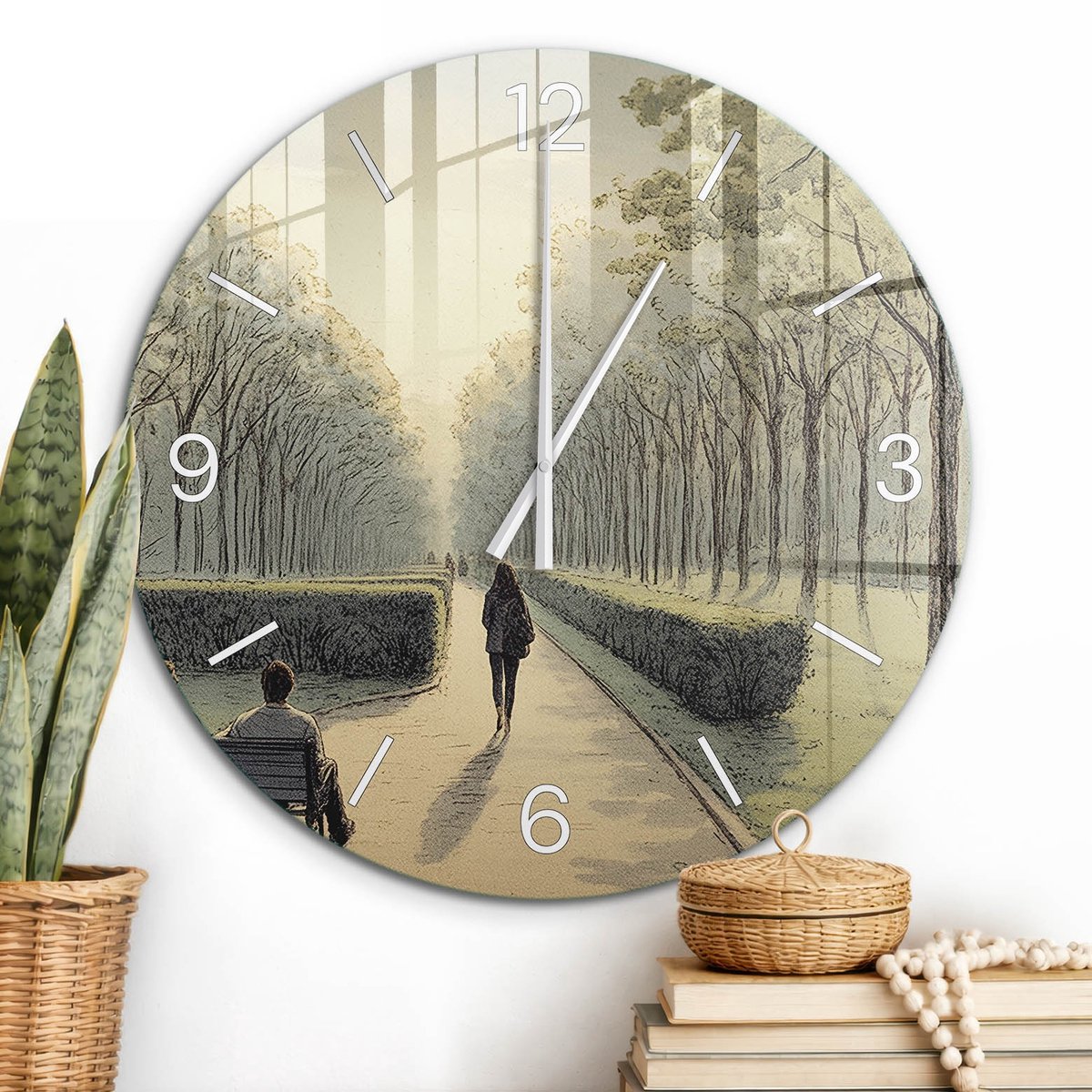 ArtPrintCave Groene Glazen Klok - Wandklok 60 cm - Muurklok Rond - Parkwandeling Stille Wandklok - Natuur Wandklok Keuken - Witte Klokwijzers