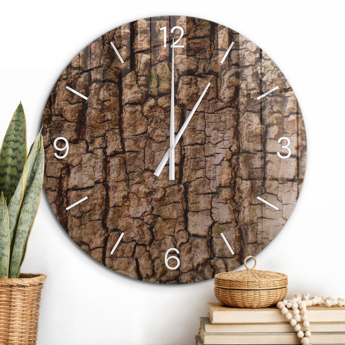 ArtPrintCave Bruin Glazen Klok - Wandklok 60 cm - Muurklok Rond - Boomschors Stille Wandklok - Texturen Wandklok Keuken - Witte Klokwijzers