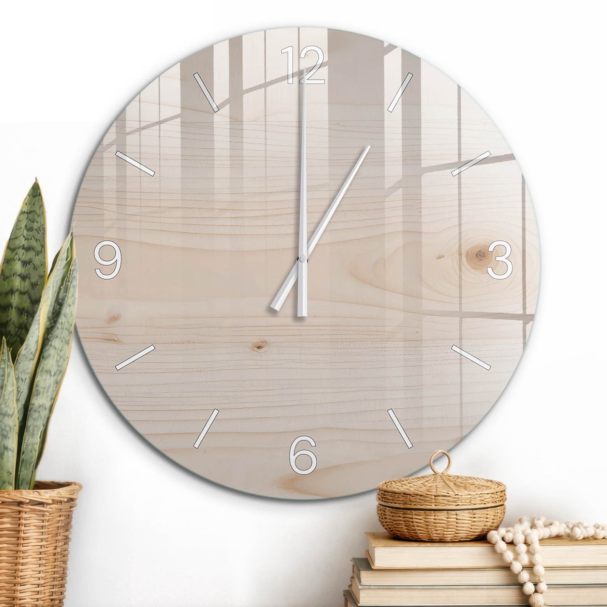 ArtPrintCave Beige Glazen Klok - Wandklok 60 cm - Muurklok Rond - Houtstructuur Stille Wandklok - Achtergronden En Patronen Wandklok Keuken - Witte Klokwijzers