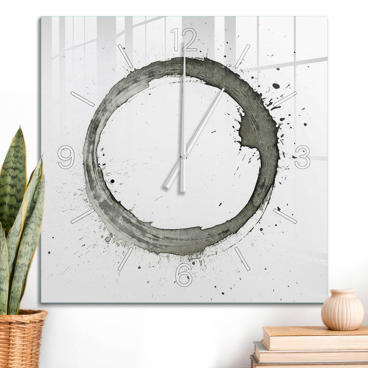 ArtPrintCave Grijs Glazen Klok - 60x60 cm - Wandklok Vierkant - Inktwiel Wandklok Keuken - Kunst Unieke Klok - Witte Klokwijzers