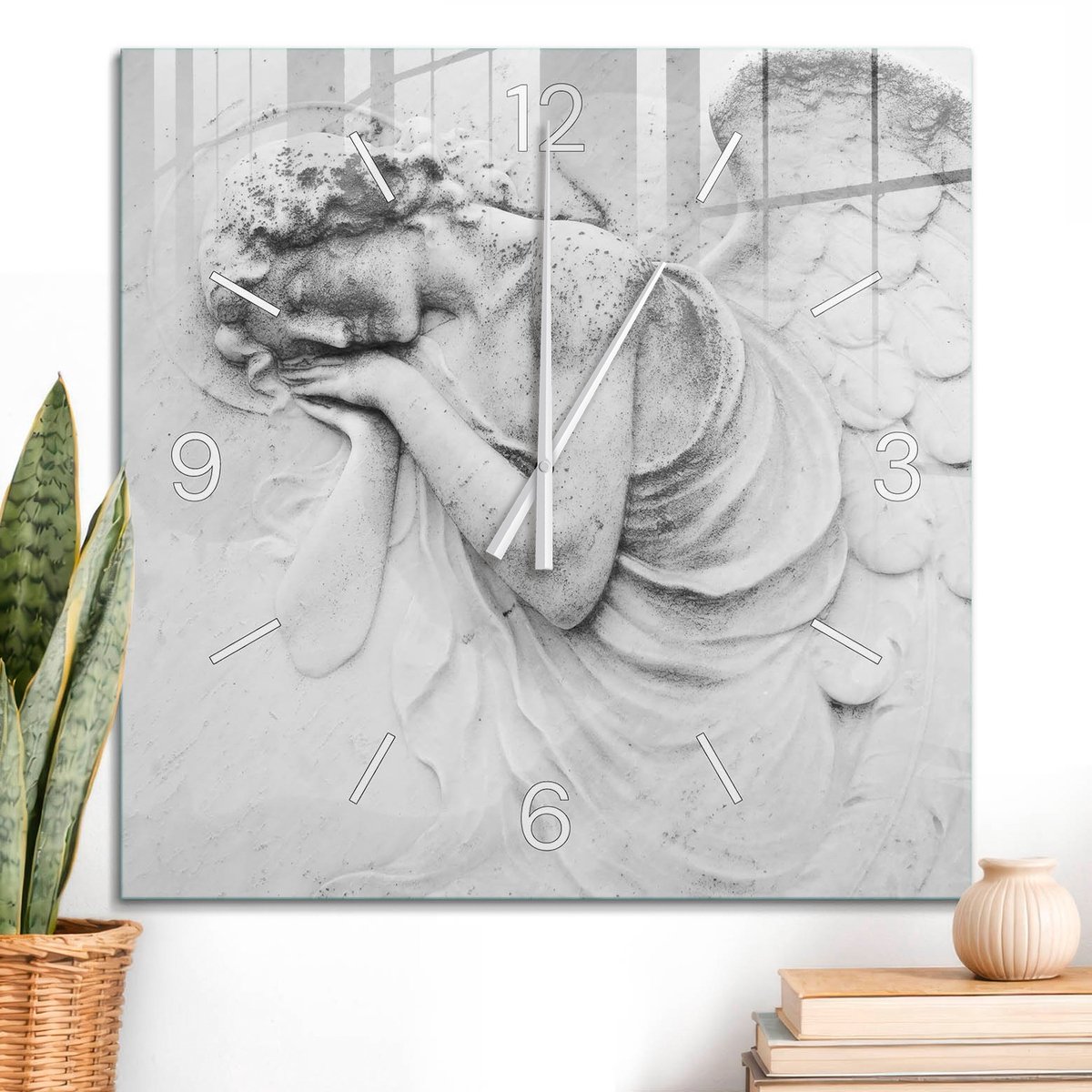 ArtPrintCave Wit Glazen Klok - 60x60 cm - Wandklok Vierkant - Stille Engel Stille Wandklok - Religie Wandklok Keuken - Witte Klokwijzers
