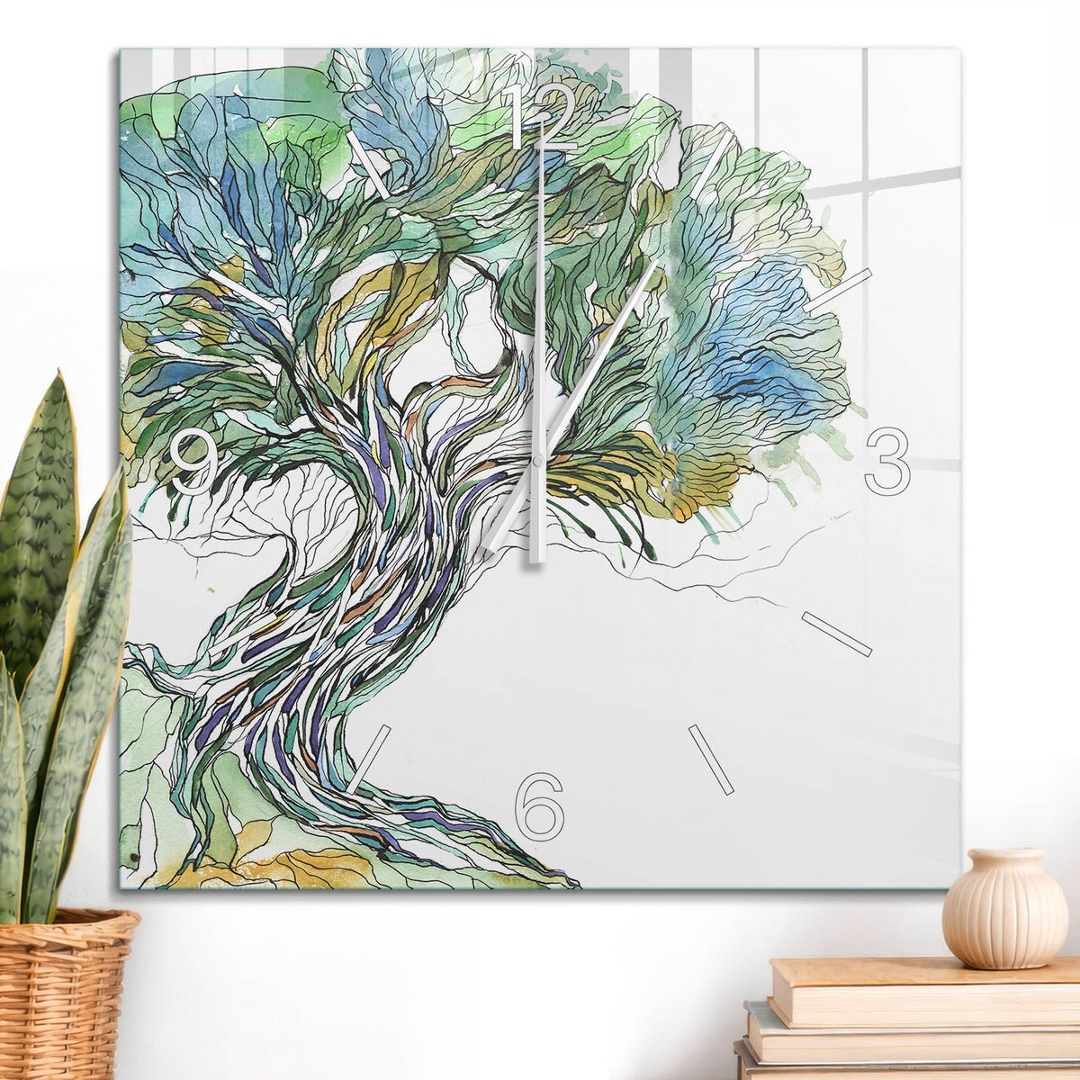 ArtPrintCave Groene Glazen Klok - 60x60 cm - Wandklok Vierkant - Artistieke Boom Stille Wandklok - Kunst Wandklok Keuken - Witte Klokwijzers
