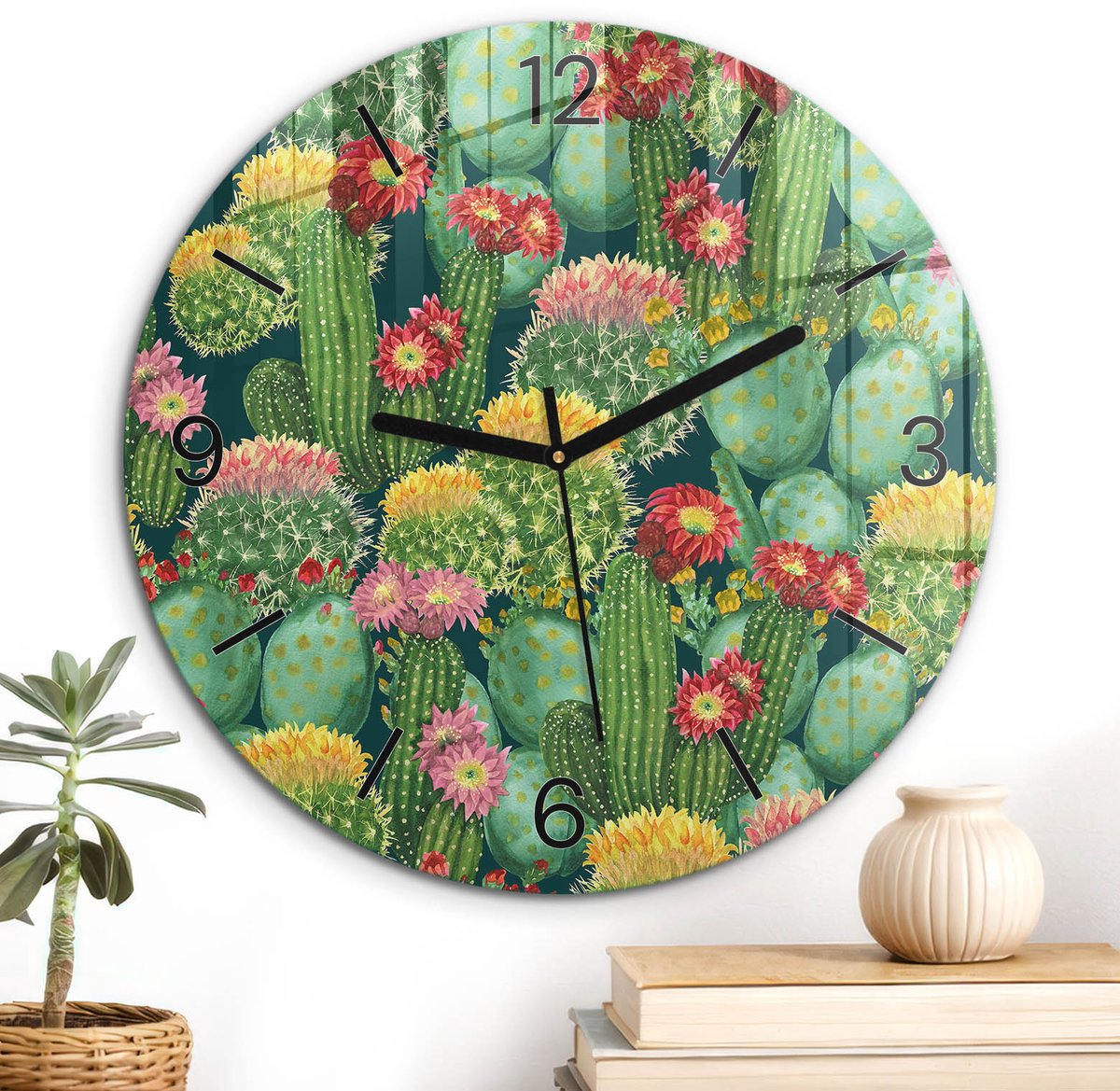 ArtPrintCave Groene Glazen Klok - Wandklok 30 cm - Muurklok Rond - Cactusbloemen Unieke Klok - Bloemen En Planten Stille Wandklok - Zwarte Klokwijzers