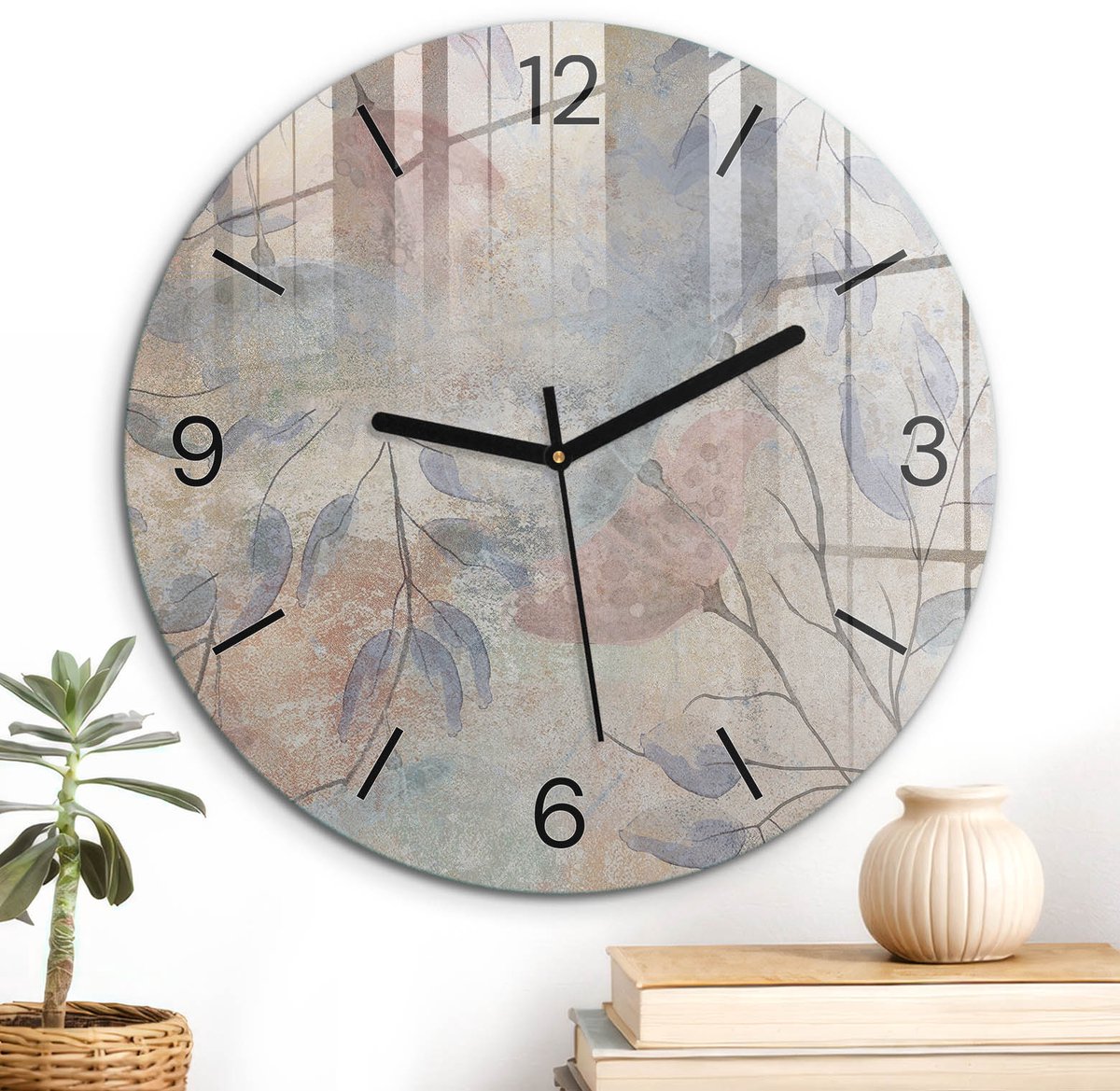 ArtPrintCave Beige Glazen Klok - Wandklok 30 cm - Muurklok Rond - Pastelkleurige Bladeren Unieke Klok - Achtergronden En Patronen Stille Wandklok - Zwarte Klokwijzers
