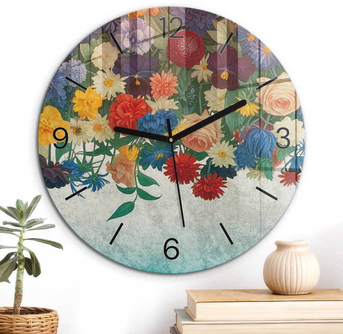 ArtPrintCave Geel Glazen Klok - Wandklok 30 cm - Muurklok Rond - Kleurrijke Tuin Wandklok Keuken - Natuur Unieke Klok - Zwarte Klokwijzers