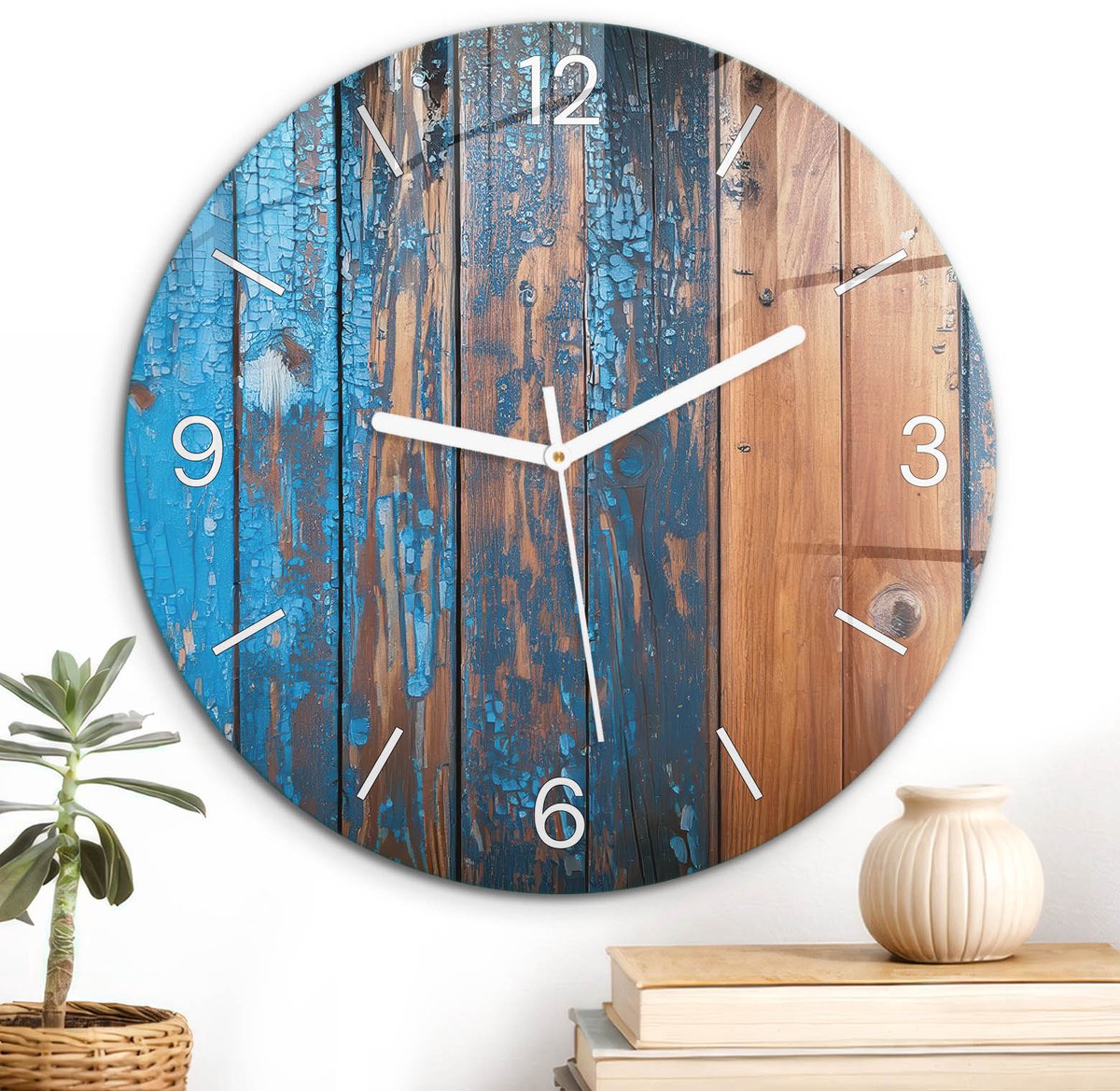 ArtPrintCave Blauw Glazen Klok - Wandklok 30 cm - Muurklok Rond - Rustiek Hout Stille Wandklok - Achtergronden En Patronen Wandklok Keuken - Witte Klokwijzers