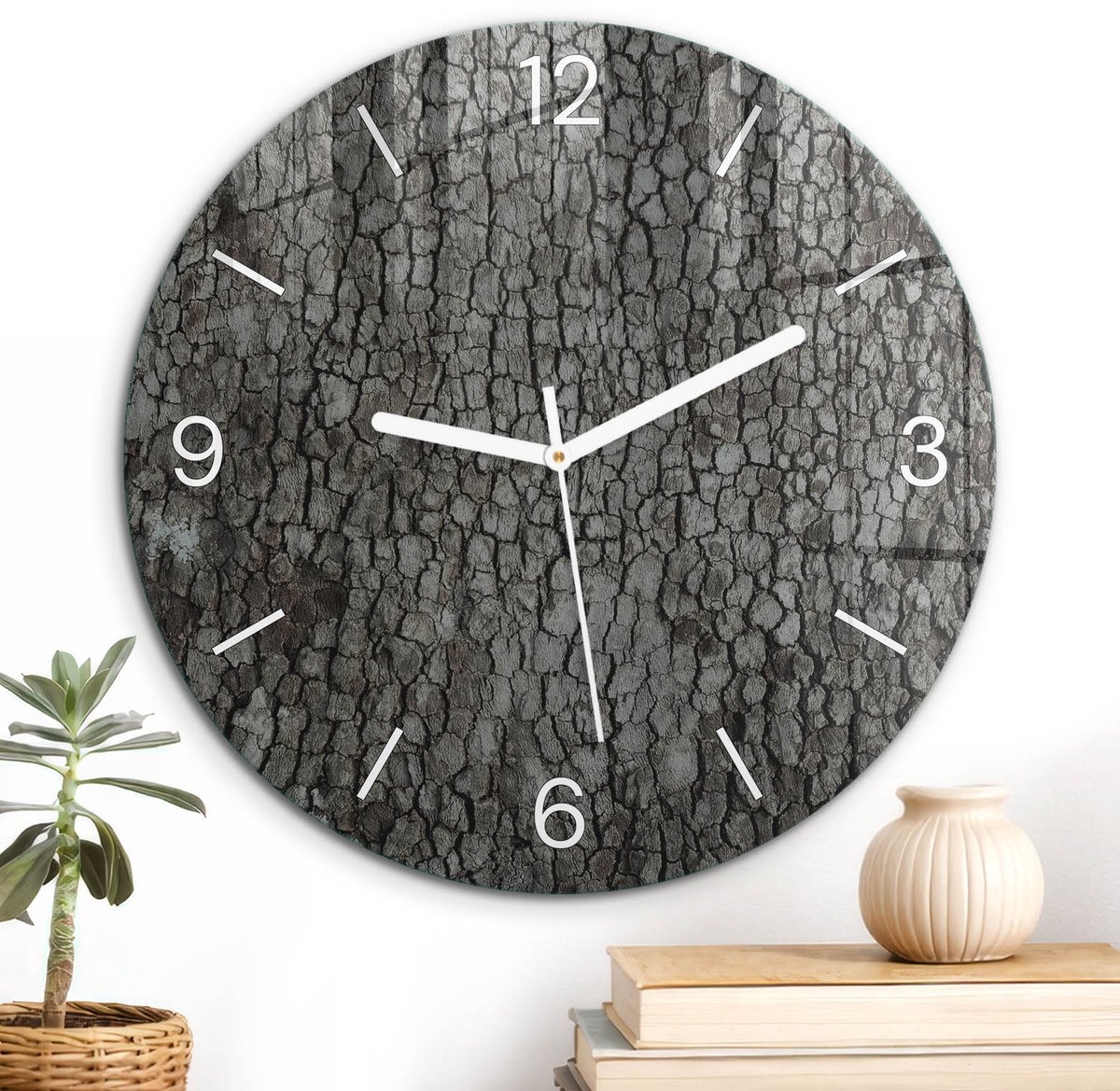 ArtPrintCave Grijs Glazen Klok - Wandklok 30 cm - Muurklok Rond - De Structuur Van De Natuur Stille Wandklok - Natuur Wandklok Keuken - Witte Klokwijzers