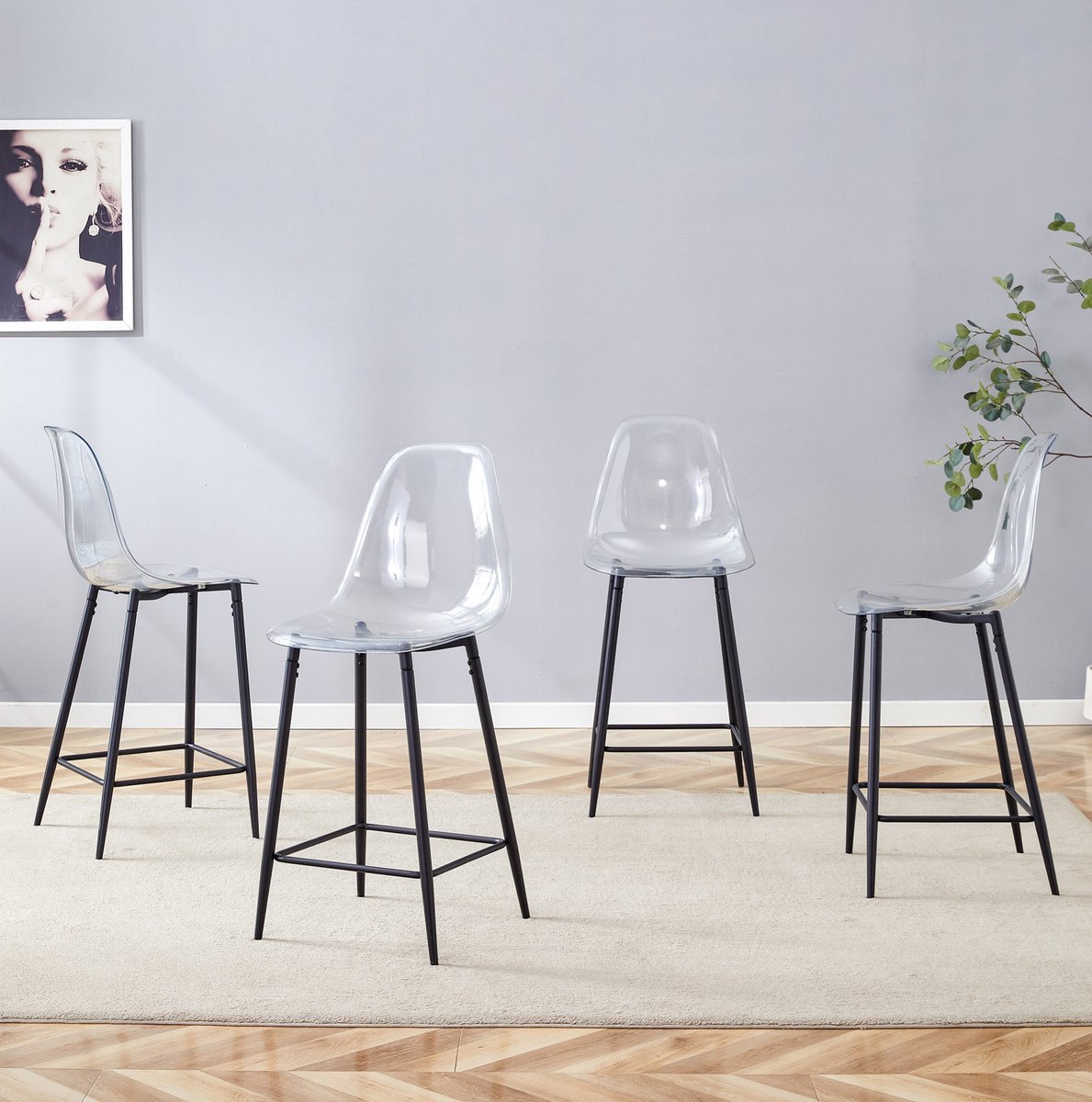 MODENUIT Barkruk 51 x 45 x 102 cm - Transparante Kunststof Zitting - Keukenbar - Zwart Metalen Onderstel