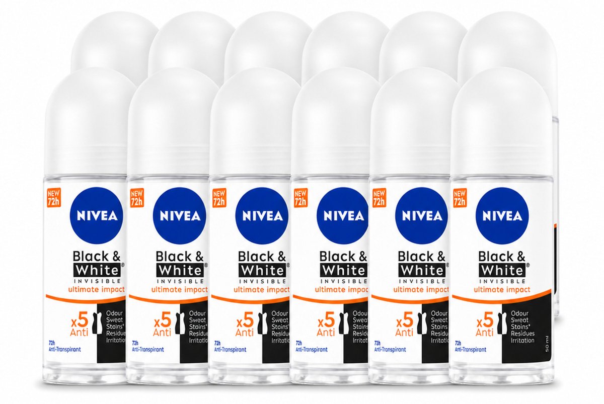 12 x NIVEA - Deodorant Roller - Zwart & Wit Ultieme Impact - 72 Uur Anti-Transpirant - 50 ml - Voordeelverpakking - 12 stuks