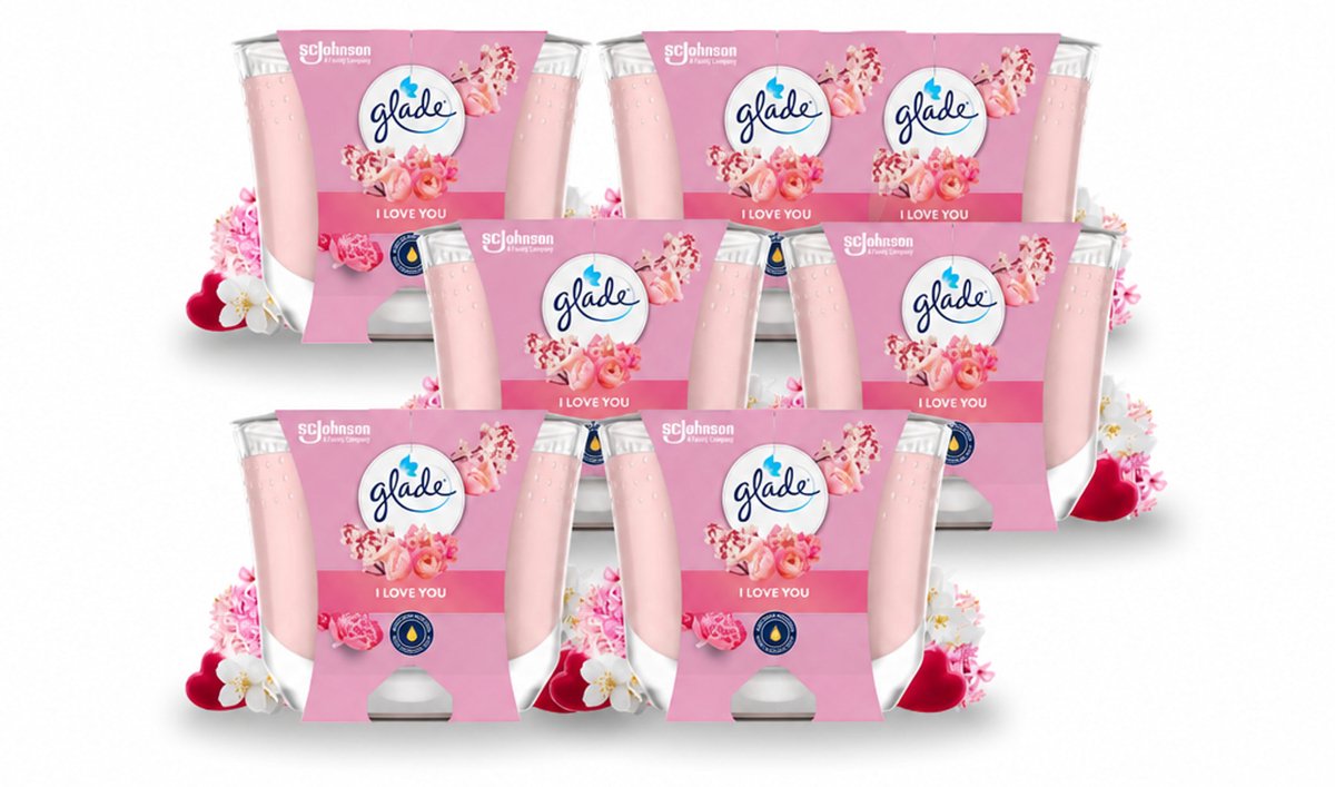 Glade 6 x Glade - Geurkaars I Love You - 100% Raapzaadwas - 204 g - Voordeelverpakking - 6 stuks roze