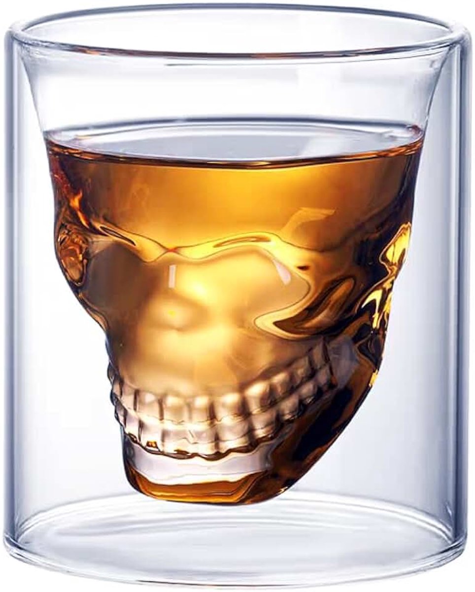 Shot Glass Crystal Clear borosilicaatglas beker hittebestendig dubbelwandig ontwerp met 3D schedel vorm (250ml)