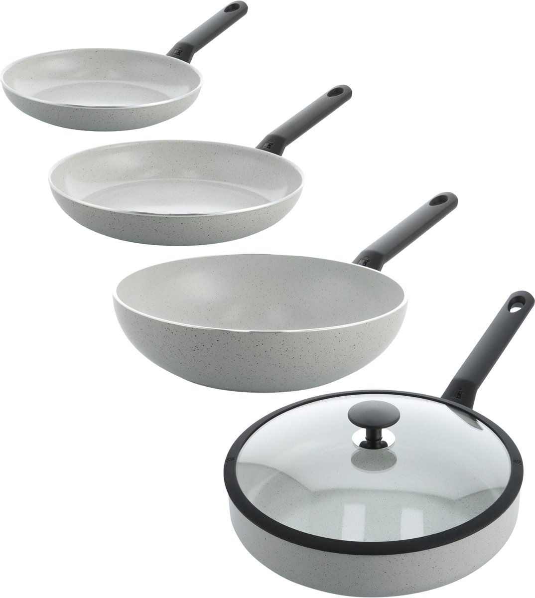 BK Universe Granite Pannenset 4-delig - 24/28/28/28 cm - PFAS-vrije antikleeflaag - Inductie pannenset - Koekenpannen 24 & 28 cm + Hapjespan 28 cm + Wokpan 28 cm - Ovenbestendig tot 160°C - Koudgrepen - Grijs/Graniet