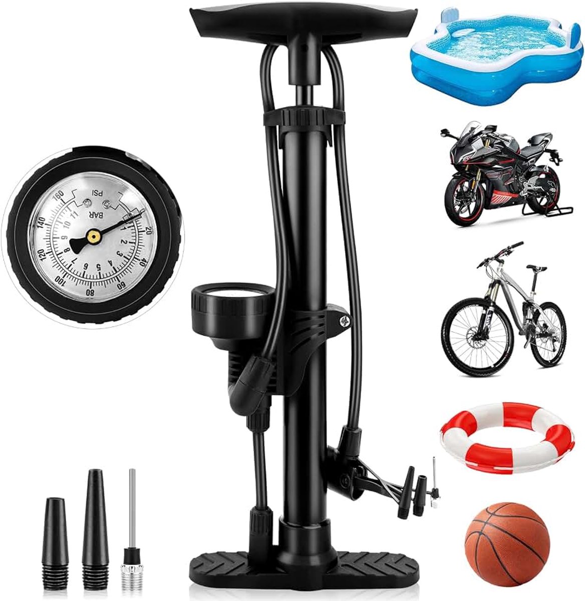 Alle ventielen met 160 psi/11 bar manometer, luchtpomp voor fiets met Presta- en Schrader-ventielen, staande luchtpomp voor racefiets, e-bike, mountainbike